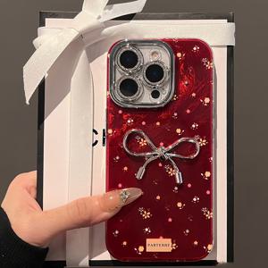 TEMU 아이폰 16 15 14 13 프로 맥스와 호환되는 스타일리시 꽃 메탈 보우 폰 케이스, 럭셔리 글리터 렌즈 보호 소프트 커버 케이스