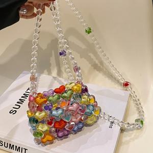 TEMU 1개, 미니 하트 비즈 스퀘어 백, 컬러 매칭 패션, 패션 컬러풀 하트 비즈 스퀘어 백, DIY 핸드워븐 비즈 컬러 메신저 백, 핸드워븐 펄 핸드헬드 대각선 크로스 백, 음악 페스티벌에 완벽|미니크로스백