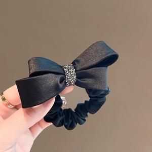 TEMU 우아한 리본 라인스톤 헤어 스크런치, 새틴 가죽 밴드 포니테일 홀더, 세련된 헤어 타이 액세서리, 깃털 없는, 여성용, 모든 계절에 적합