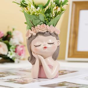 TEMU 1개 핑크 레진 소녀 조각상 화병 – 우아한 원통형 장식용 화분, 홈, 탁상 및 실내 장식용 꽃 디자인, 탁상용 화분 | 기발한 장식 | 장식 조각, 꽃병 홈 데코