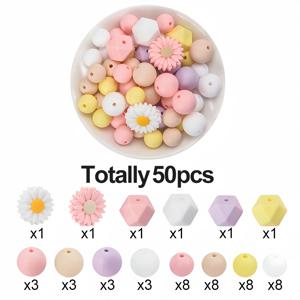 TEMU 50개 데이지 플라워 실리콘 비즈 키트 - 혼합 색상 라운드 & 육각형 비즈 12/14/15mm, 펜, 펜던트, 목걸이, 팔찌를 위한 DIY 쥬얼리 만들기 공예 - 수제 선물을 위한 크리에이티브 장식 비즈