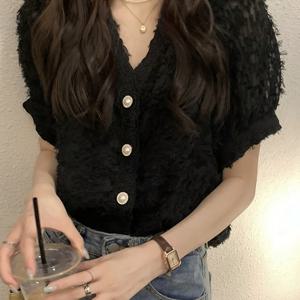 TEMU 보석 버튼이 달린 단색 무지개 무늬 짧은 소매 위에 있는 여성용 캐주얼 스프링과 여름 의류, 우아하고 스타일리쉬한 셔츠.