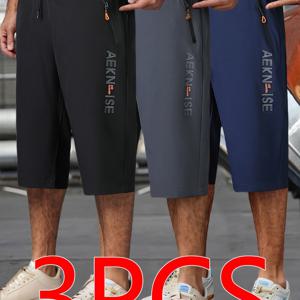 TEMU 3pcs 남성 운동용 7인치 반바지 - 통기성 폴리에스터, 조절 가능한 허리, 