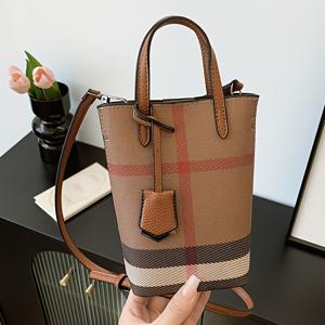 TEMU 완벽한 리리 미니 버킷 백 - 빈티지 브라운 & 베이지 체크 디자인, 내구성 있는 합성 가죽, 분리 가능한 스트랩, 자석 잠금, 사무실, 쇼핑, 여행 및 더 이상의 이상적인 오피스 백 | 빈티지 체크 백 | 내구성 있는 핸들 백, 버킷 백|테무쇼핑|가죽가방