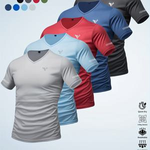 TEMU 5pcs 남성용 V-넥 스포츠 티셔츠, 반사 및 소경 프린트 - 통기성 폴리에스터 니트 - 쾌적, 빠른 건조, 부드럽고 편안한 운동복 - 체육관, 달리기, 사이클링, 낚시, 농구 및 홈 피트니스용 - 캐주얼 반팔 티셔츠, 습기 흡수 피트니스 의류, 체육관 의류 | 세련된 캐주얼 의류 | 통기성 니트 셔츠