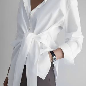 TEMU 1pc 우아한 여성용 폴리에스테르 롱 슬리브 셔츠와 넥타이 웨이스트 및 라펠 칼라 - 봄/가을을 위한 솔리드 컬러직물 상의, 다용도 사무실 의류