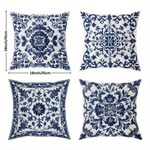 TEMU 4pcs 블루와 화이트 꽃 무늬 토이 패일 커버, 18x18 인치, 짧은 플러시 단면 프린트, 지퍼 클로저, 기계 세척 가능, 폴리에스터 장식 쿠션 케이스, 거실, 침실, 소파용 - 짠, 현대 스타일 (베개 인서트 미포함)