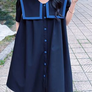 TEMU 여성용 해군 파란색 & 흰색 컬러 블록 반팔 드레스 - 캐주얼 미디 드레스, 라펠 칼라, 버튼 업 프론트, 사이드 슬릿, 폴리에스터 원단, 봄, 캐주얼 의상에 완벽함 | 스타일리시 컬러 블록 | 폴리에스터 드레스