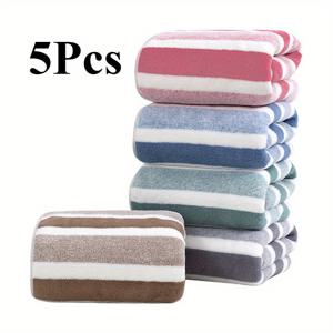 TEMU 5pcs 초강력 빠른 건조 줄무늬 타월 - 내구성 있는 폴리에스터, 높은 흡수력, 홈, 체육관 및 스파용 다색 패키지, 300gsm 원단, 현대 스타일, 스파 필수품 | 생동감 있는 타월 세트 | 폴리에스터 블렌드 타월, 세면용품