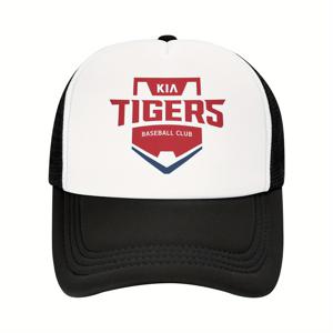 TEMU Kia Tigers 야구 모자 - 블랙 & 화이트 메쉬 트럭 모자 로고, 캐주얼 착용용 경량 & 통기성, 스포티 헤드기어 | 메쉬 백 모자 | 내구성 있는 PVC 브림