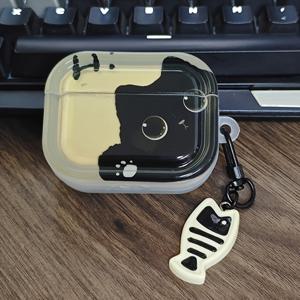 TEMU 귀여운 검은 고양이 패턴 이어폰 케이스, for AirPods 1/2/3/4/pro/pro 2세대 호환, 생선뼈 펜던트 포함
