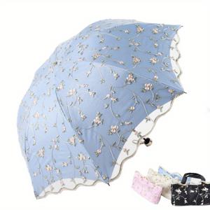 TEMU Fu Raindrop 여성용 태양 차단 UV 차단 이중 레이어 레이스 자수 우산, 해가 뜨는 날에 이중 사용, 가벼운 파란색 꽃무늬, 검은 접착제 태양 차단, 8개의 갈비뼈로 접을 수 있음, 수동 오픈, 철제 프레임, 플라스틱 손잡이, 천, 여성용