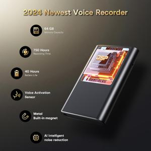 TEMU 64GB 디지털 음성 녹음기 LCD 디스플레이 - 충전식 리튬 폴리머 배터리, AI 소음 감소, SD 지원, WAV & MP3 플레이어, 최대 750시간 녹음 시간 - 인터뷰, 회의, 교실 사용에 이상적
