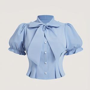 TEMU 우아한 연한 파란색 리본 넥타이 블라우스와 러플 소매 - 여성용 폴리에스터 패션 셔츠, 단추 앞면, 봄/여름/가을에 이상적, 행사용 패션 셔츠|클래식 칼라|광택 있는 질감