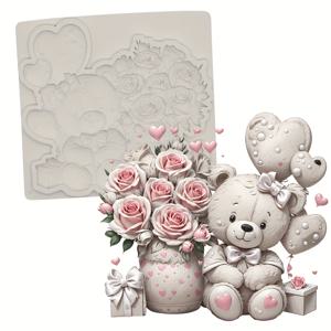 TEMU DIY 석고 도자기 장식용 실리콘 모양, 곰과 꽃 실리콘 모양, 푹푹한 도자기, 초콜릿 인장, 케이크 장식 도구 및 베이킹 트레이용 실리콘 모양