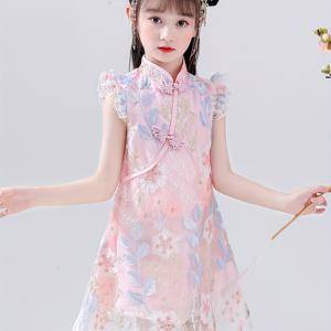 TEMU 여자용 핑크 꽃무늬 자수 청삼 드레스 - 소매 없는, 폴리에스터, 지퍼 디테일, 모든 계절 착용, 중국 스타일 한푸과 공주 의상에 완벽, 요정 정원 드레스, 중국 사이즈, 사이즈 가이드를 꼼꼼히 확인해 주세요