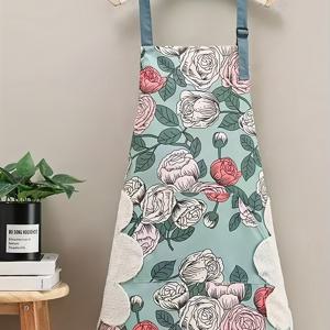TEMU 로즈 오일 페인팅 아트 프린트 앞치마, 한쪽에 조절 가능한 어깨 스트랩, 양면으로 닦을 수 있는 손수건 디자인, 가정용 주방, 베이커, 정원사에게 적합한 실용적인 앞치마, 식사용 앞치마 커버