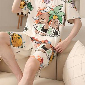 TEMU 2pcs 남성용 곰 프린트 반팔 티셔츠와 반바지 파자마 세트, 편안한 캐주얼 크루넥, 약간의 스트레치 소재, 만화 패턴, 올 시즌 착용, 정규 핏, 나에게 적합|잠옷|파자마|남성반바지