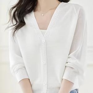 TEMU 여성용 연한 파란색 V넥 버튼 프론트 가디건 - 봄/여름용 반투명 긴팔 오픈프론트 스웨터, 중동 영감 컬렉션, 캐주얼에서 포멀웨어까지 다재다능한 귀여운 스웨터, 섬세한 원단|가디건