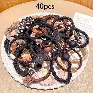 TEMU 40개 초이스 헤어 타이 & 비즈 세트 - 달콤하고 귀여운 탄성 헤어 밴드, 하트 & 즐거운 얼굴 액센트, 일상 착용에 적합, 포니테일, 노트 & 더 많은 것에 적합, 올 시즌 폴리에스터 니트 원단, 포니테일 홀더 | 재미있는 액세서리 | 부드러운 질감 헤어 밴드