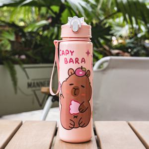 TEMU 1개, 23온스 귀여운 만화 패턴 스포츠 물병, 플라스틱 소재, 뚜껑 및 빨대 포함, 끈으로 조임식, 휴대용, 다양한 스타일 선택 가능, 야외 스포츠, 하이킹, 여행, 캠핑 등에 적합한 선물