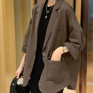 TEMU 여성용 스타일리시한 해군 파란색 루즈핏 , 긴 소매 - 봄 & 가을용, 단추, 단일 브레스트 디자인, 폴리에스터 원단, 캐주얼 & 공식 행사에 적합, 캐주얼 공식복 | 스타일리시 | 폴리에스터