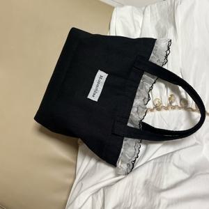 TEMU 대형 검은 캔버스 토트 백, 레이스 액센트 - 내구성, 기계 세탁 가능, 지퍼 클로저, 화장품 및 일상 필수품에 적합, 일상용 토트 백 | 레이스 액센트 백 | 지퍼 클로저, 토트 백
