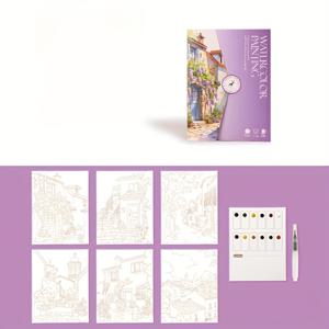 TEMU 6개 창의적인 수채화 세트 - 풍경 및 꽃 디자인 성인 컬러링북, 수채화용 종이와 색소 포함, 상세한 작품, 수채화 용품