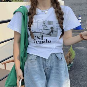 [M~2XL/최저가!] 유니크 사선 언발 포인트 프린팅 라운드넥 크롭 반팔 2color