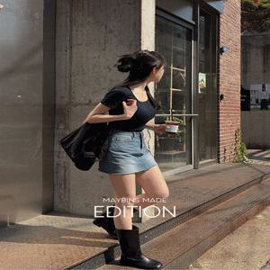 [당일발송/MADE/기본,+4cm 기장]린 데님 미니 스커트(속바지포함)(자체제작 기장추가 기장추가스커트 치마바지 바지안감 A라인스커트 벚꽃 봄옷)
