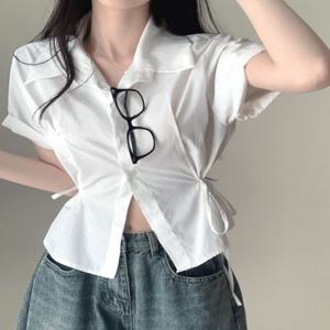 [데일리????/허리잘록-!] 온유 리본 타이 투웨이 반팔 카라 남방 셔츠 블라우스 간절기블라우스/썸머블라우스/여리핏/슬림라인/리본타이/리본블라우스/반팔블라우스/셔츠블라우스/하객룩