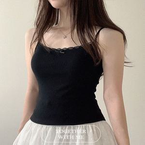 (만족도굿????) 스판 최고 레이스 리본 이너 골지 레이어드 크롭 미니 끈나시 아이보리 블랙 발레코어룩 여름 당일 클리어런스 부유방커버나시 직진배송 키작녀 쫀쫀나시