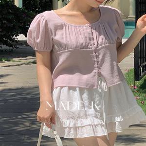 [자체제작/1만장돌파!/뉴컬러추가!/S-XL]#여름???? 데이린 셔링 퍼프 크롭 반팔 블라우스 (데이트룩/반팔블라우스/크롭블라우스/셔링블라우스/여름블라우스/퍼프블라우스/세미