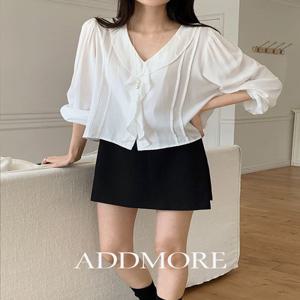 [????슈퍼핫딜40%][퍼프블라우스/하객룩][에드모어] mbs490 루엘 핀턱 브이넥 러플 블라우스