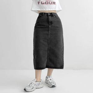 [3만장돌파] 흑청 데님 롱스커트 SK003 [빅사이즈~3XL/H라인/롱치마/데님스커트/봄스커트/청치마/흑청치마/트임스커트/트임치마/슬릿스커트/하이웨스트/검정치마/블랙스커트]