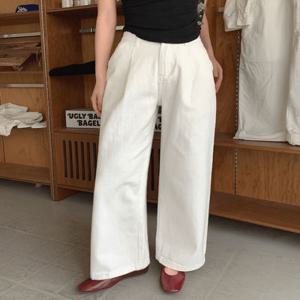 [S~2XL] 이지 와이드 핀턱 팬츠 2color / 봄 개강룩 코튼 키작녀 하이웨스트 세미 흰바지 면 하비 검정 일자 아이보리 블랙 화이트 편한 데일리