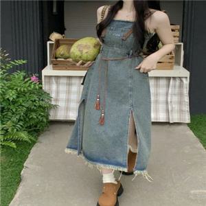 [~4XL] 빅사이즈 복고 Y2k 여름 데님 나시 원피스 옆트임 롱 스커트