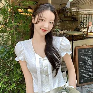 1000장 돌파✨ [몸매보정,하객룩] 엘렌 자가드 타이 반팔 페플럼 하객 블라우스 bs7960