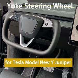 난방 장치가있는 요크 핸들 스티어링 휠 Tesla New Model Y Juniper 2025 용 맞춤형 레이싱 가죽 액세서리