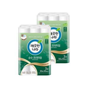 깨끗한나라 3겹화장지 순수 프리미엄 30m 30롤 x 2팩 107mm 두루마리 롤휴지