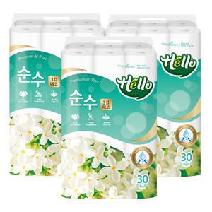 헬로 순수 3겹 천연펄프 화장지 30m 30롤 3팩