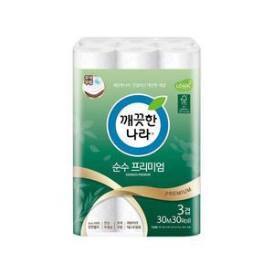깨끗한나라 3겹화장지 순수 프리미엄 30m 30롤 x 1팩 107mm 두루마리 롤휴지
