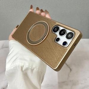 황금 실 질감 MagSafe 전화 케이스 삼성호환 갤럭시 S25 울트라 S24 S23 360 회전 킥 스탠드 무선 충전  케