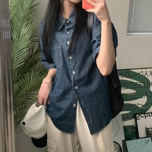 파핑 코튼 데님 반팔셔츠