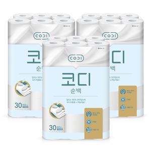 코디 천연펄프 순백 30m, 30롤, 3개