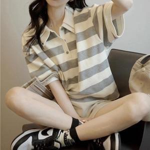 스트라이프 더블 카라 폴로 반팔 셔츠 여성 여름 칼라 단가라