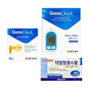 GC녹십자 그린첵 혈당검사지 혈당시험지 50매입 + 그린첵혈당측정기 + 대일알콜스왑100매입