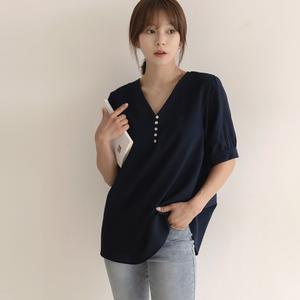 [엘리시아] (30%할인) [MADE] 단추 브이 린넨 반팔 BL