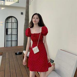 여성용 레트로 드레스 프렌치 도트 레드 휴가 A 라인 엠파이어 걸스 의류 스퀘어 칼라 빈티지 여성 선드레스 여름 패션