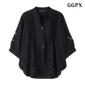 플라워 펀칭 트임넥 루즈핏 핀턱 블라우스 (GOBBA015D)